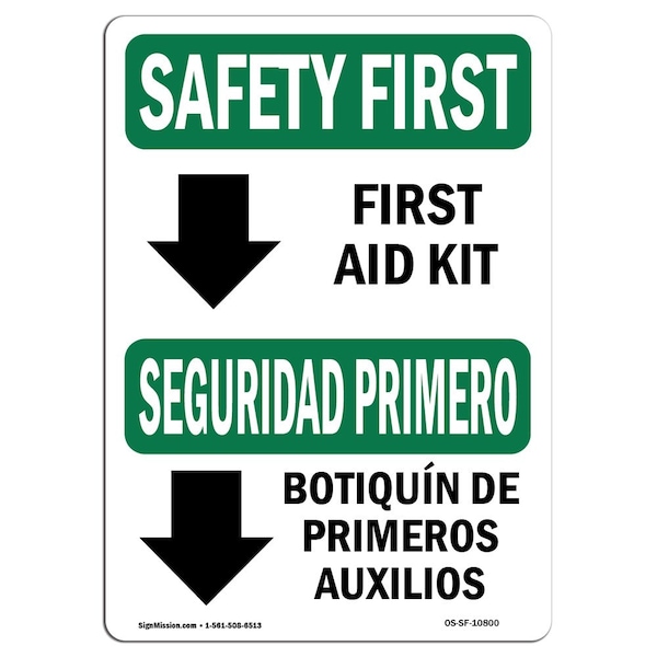 Safety Sign, OSHA SAFETY FIRST, 3.5" Height, First Aid Kit Bilingual, Landscape, 10PK